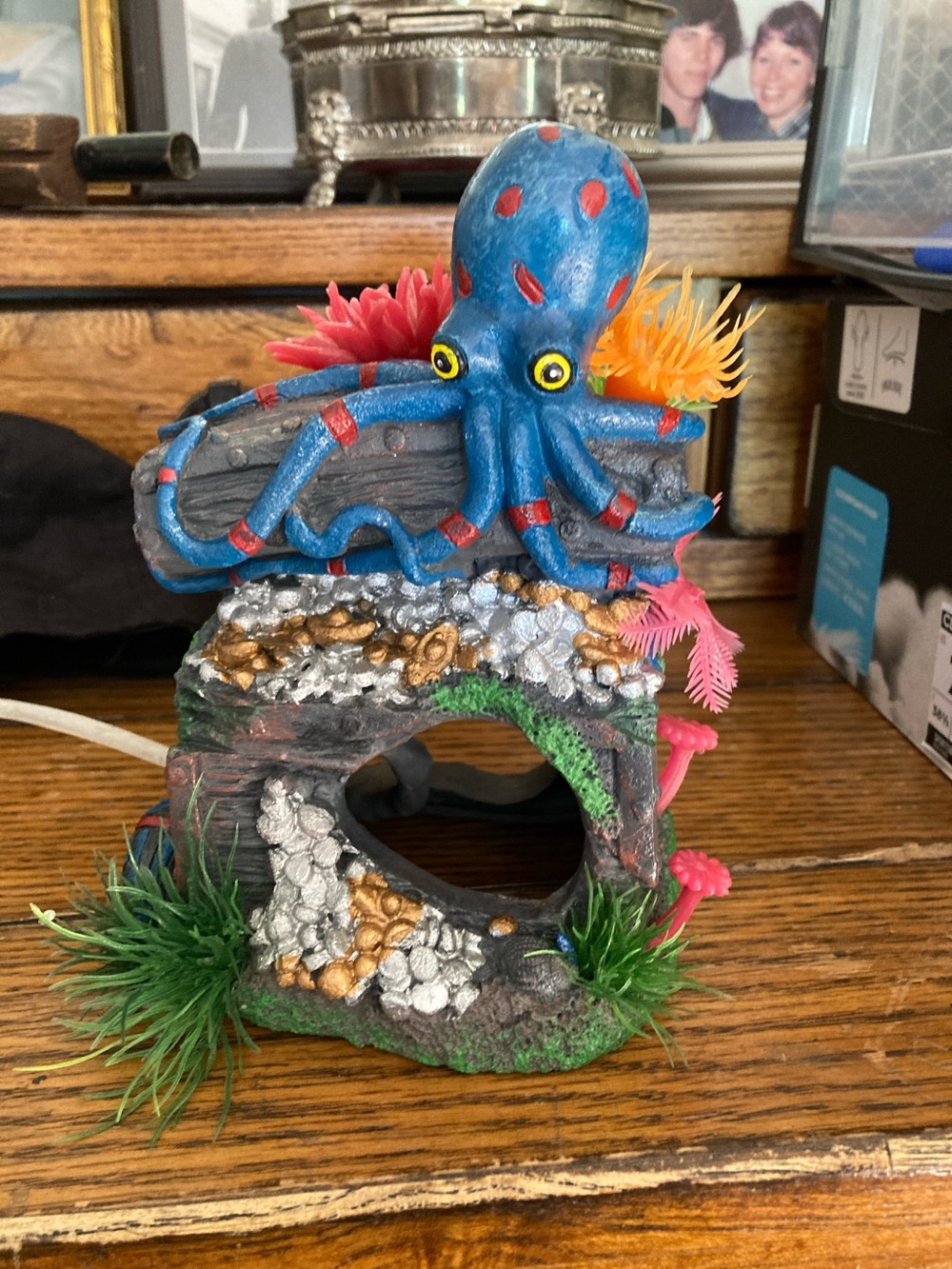 Colorful Blue Octopus Aquarium Ornament with Coral Accents